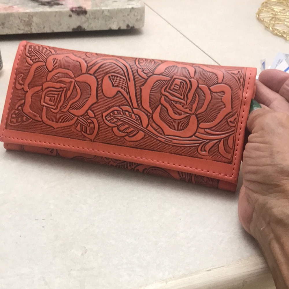 Coral Floral Tooled Leather Clutch Wallet